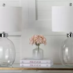 Safavieh Lampes à Poser Lampe à Poser Abat-jour 100% Coton Et Pied En Fer Et Verre Blanc (x2) -Luminaires Soldes lampe a poser abat jour 100 coton et pied en fer et verre blanc x2 2