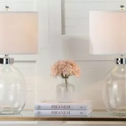 Safavieh Lampes à Poser Lampe à Poser Abat-jour 100% Coton Et Pied En Fer Et Verre Blanc (x2) -Luminaires Soldes lampe a poser abat jour 100 coton et pied en fer et verre blanc x2 4