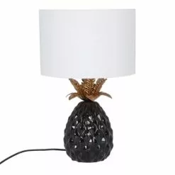 Maisons Du Monde Lampes à Poser Lampe Ananas En Céramique Noire Et Métal Doré, Et Abat-jour En Lin Blanc