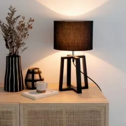 Maisons Du Monde Lampes à Poser Lampe En Bois D'hévéa Et Abat-jour En Coton Noir -Luminaires Soldes lampe en bois d hevea et abat jour en coton noir 1000 0 28 229177 4