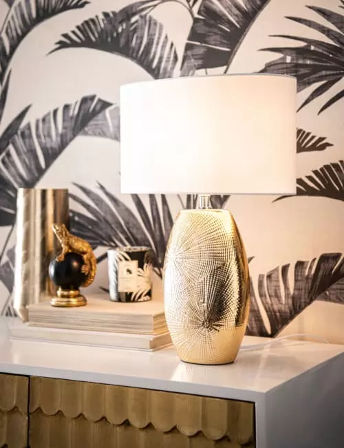 Maisons Du Monde Lampes à Poser Lampe En Céramique Dorée Et Abat-jour En Coton Blanc 2 Maisons Du Monde Lampes à Poser Lampe En Céramique Dorée Et Abat-jour En Coton Blanc – Image 2