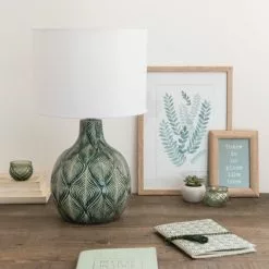 Maisons Du Monde Lampes à Poser Lampe En Céramique Verte Abat-jour En Coton Blanc -Luminaires Soldes lampe en ceramique verte abat jour en coton blanc 1000 0 32 171904 7