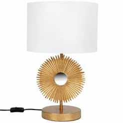Maisons Du Monde Lampes à Poser Lampe En Métal Doré Soleil Sculpté Et Abat-jour Blanc En Coton Et Lin Recyclés