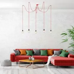 Hoopzi Suspensions Suspension 5 Fils électriques En Tissu Rouge 3,5m Douille Noire -Luminaires Soldes suspension 5 fils electriques en tissu rouge 3 5m douille noire 3